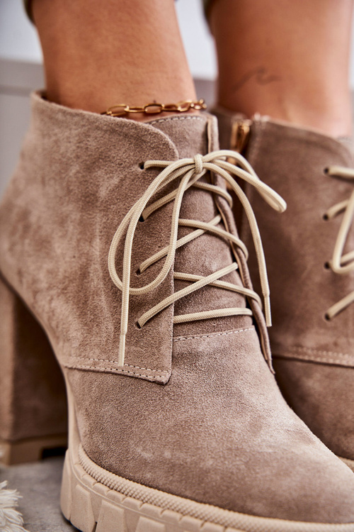 Modne Zamszowe Botki Sznurowane Beżowe Selma