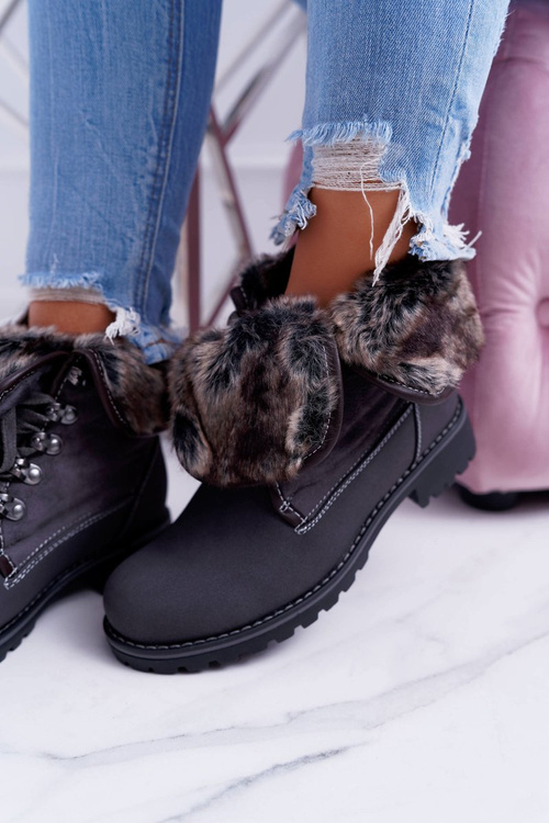 Damskie Szare Botki Trapery z Futerkiem Chester