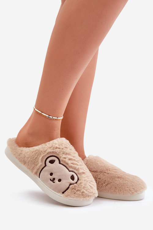 Kapcie Damskie Futrzane Z Misiem Beżowe Fiorinella