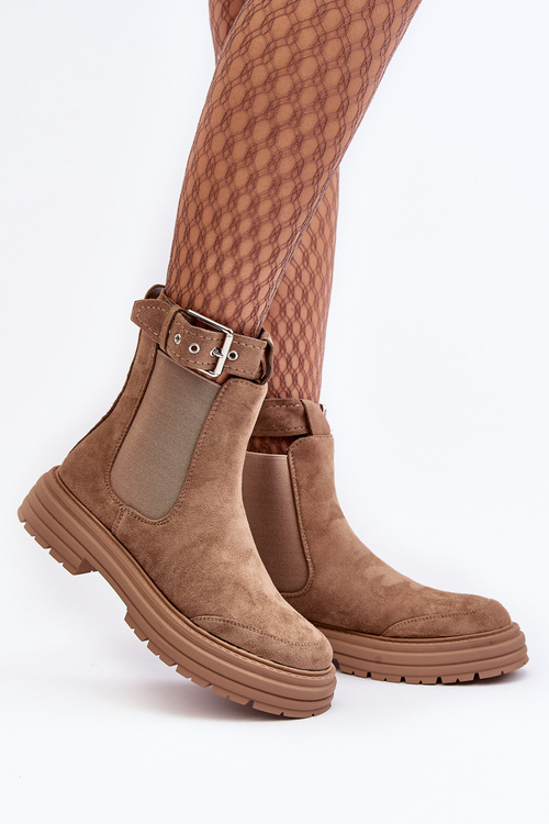 Zamszowe Botki Sztyblety Na Masywnej Podeszwie Beżowe Ozaro