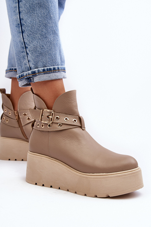 Skórzane Botki Damskie Na Koturnie Platformie Z Paskami Zazoo 1752 Beżowe