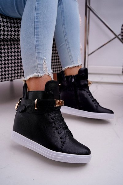 Sneakersy Damskie Na Koturnie Złota Kłódka Czarne Tersey