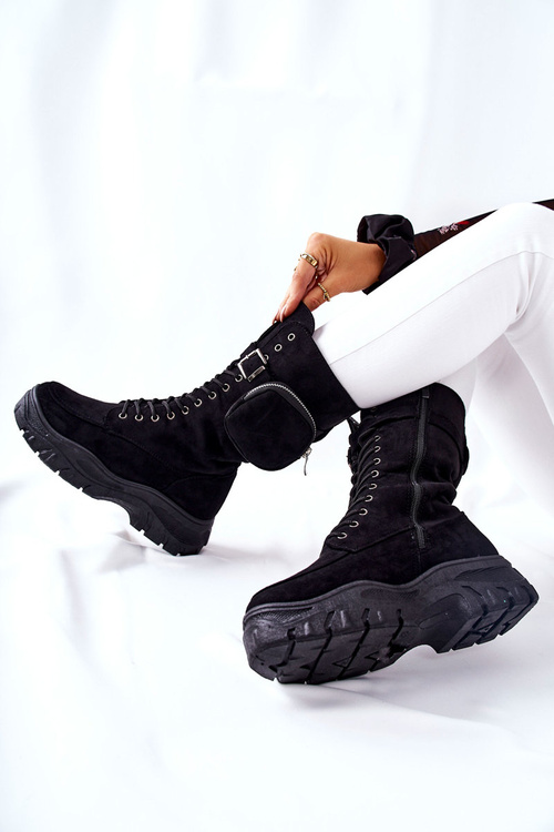 Zamszowe Botki Na Platformie Z Nerką Czarne Issanti