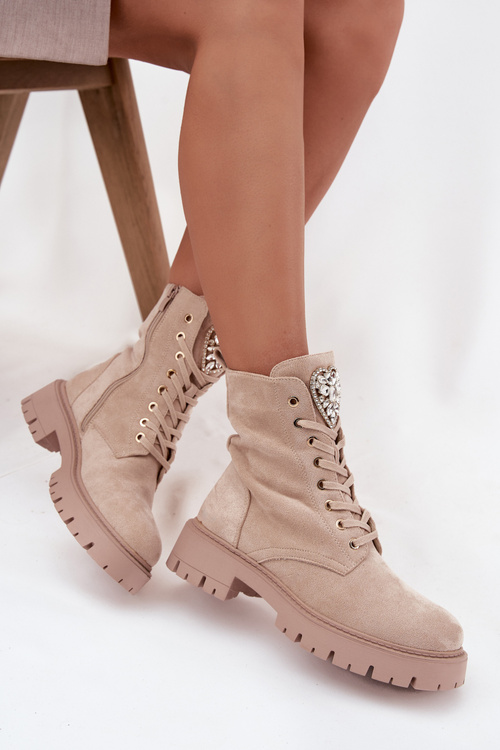 Botki Workery Damskie Z Kryształkami Na Języku Jasnobeżowe Rosira