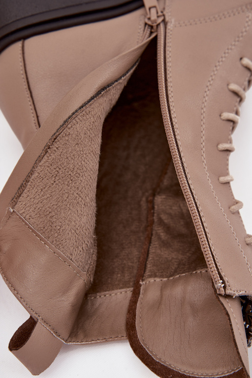 Skórzane Botki Damskie Z Ozdobą Ocieplane Beżowe Ulrika