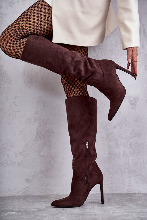 Klasyczne Zamszowe Kozaki Na Szpilce Brązowe Ameya