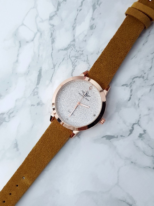 Damski Zegarek Michael John Evento Musztardowy Zamszowy Pasek Brokat