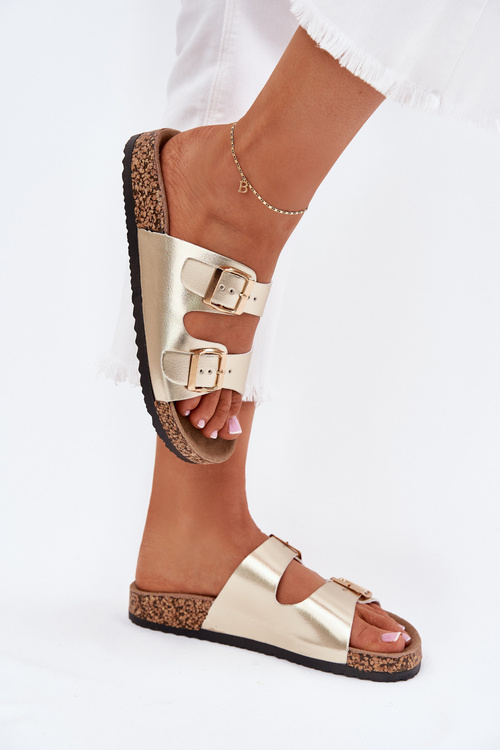 Klapki Damskie Z Klamrami Z Eko Skóry Złote Iskira