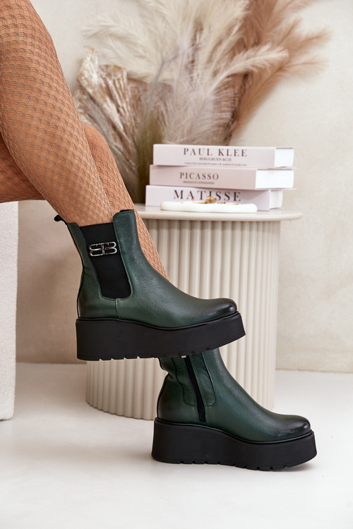Zazoo 60498 Damskie Skórzane Botki Sztyblety Na Platformie I Koturnie Ciemnozielone