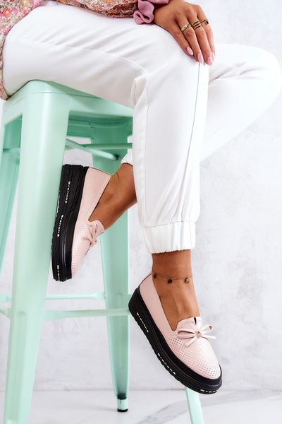 Damskie Skórzane Mokasyny Na Koturnie Różowe Cannes