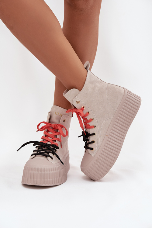 Zamszowe Ocieplane Trampki Damskie Na Masywnej Platformie GOE SS2N4047 Beżowe