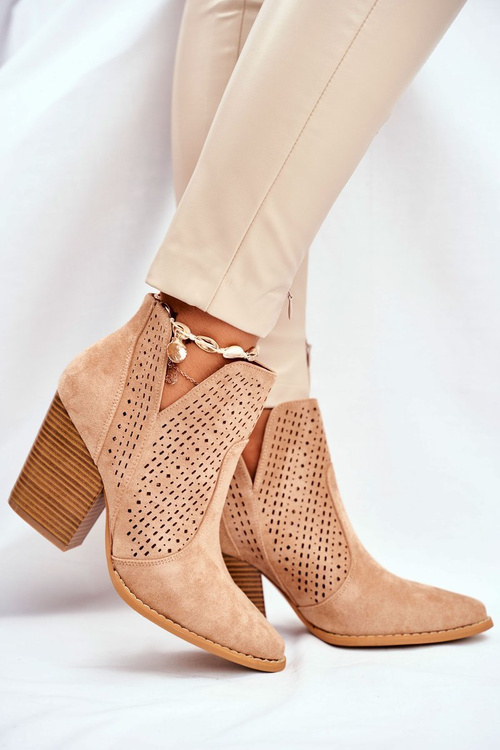 Botki Damskie Na Słupku Zamszowe Ażurowe Beżowe Shades