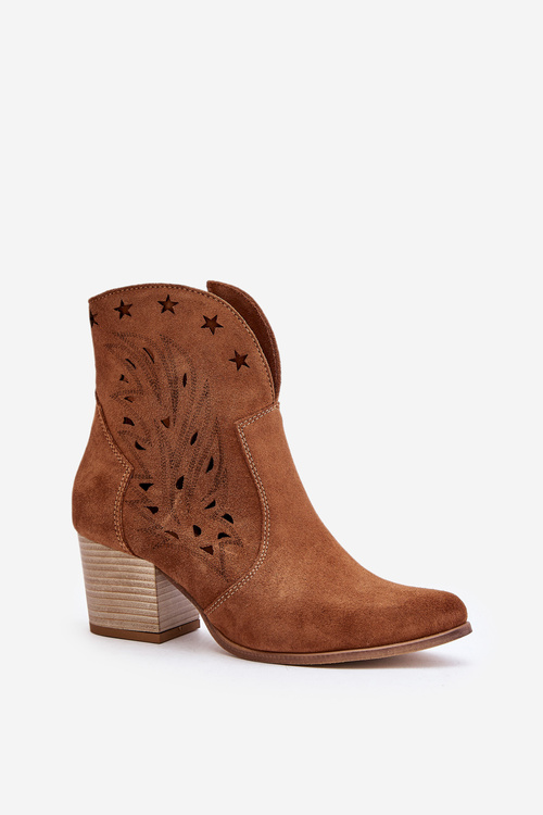 Ażurowe Botki Kowbojki Zamszowe Na Słupku Lewski 3613 Brązowe