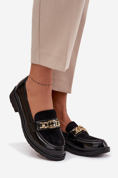 Lakierowane Mokasyny Damskie Ze Złotą Ozdobą S.Barski HY52-540 Czarne