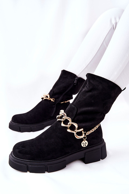 Zamszowe Botki Workery Czarne Hellio