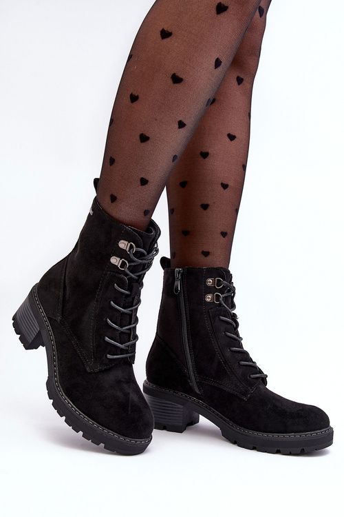 Damskie Botki Na Niskim Obcasie Sznurowane Czarne Adinail