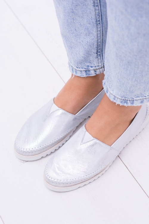 Damskie Srebrne Skórzane Slip On Frela