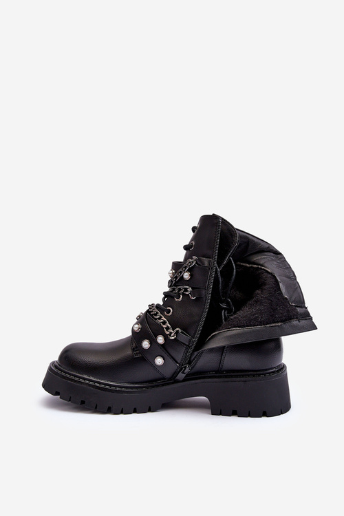 Zdobione Skórzane Damskie Botki Workery Czarne Sibenna