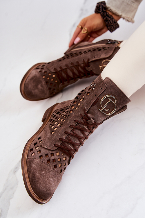 Ażurowe Skórzane Botki Nicole Brązowe 2695