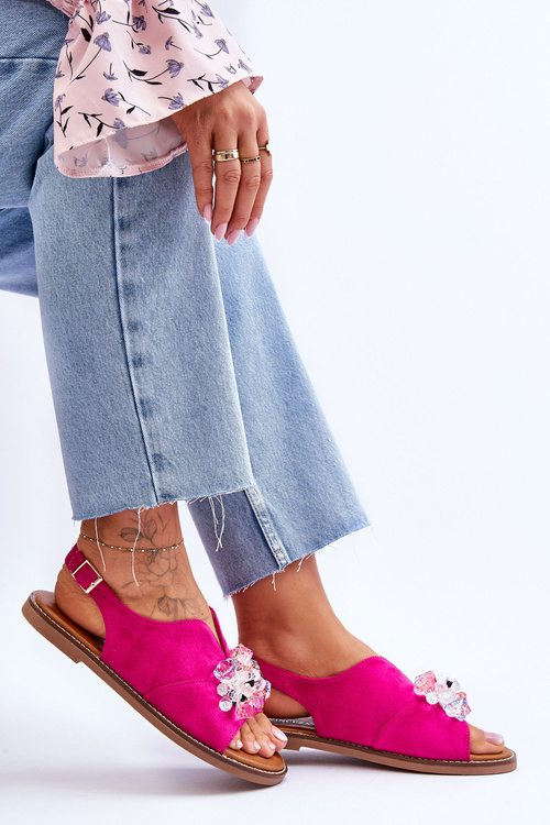 Damskie Zamszowe Sandały Z Kamieniami Fuksja Mersea