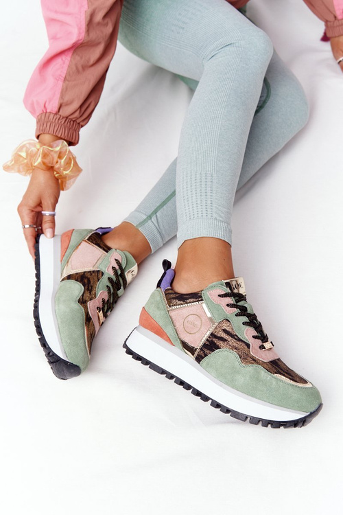 Zamszowe Sportowe Buty Na Platformie GOE HH2N4002 Zielono-Złote