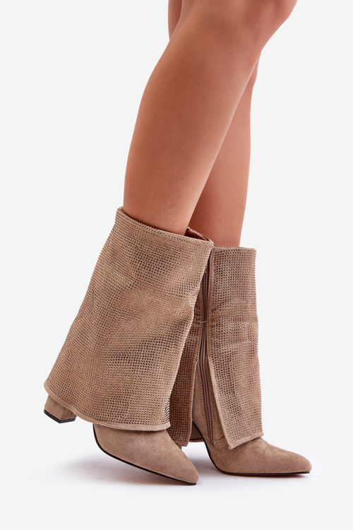 Zdobione Błyszczące Botki Z Wywiniętą Cholewką Na Słupku Ocieplane Beżowe Xistaria