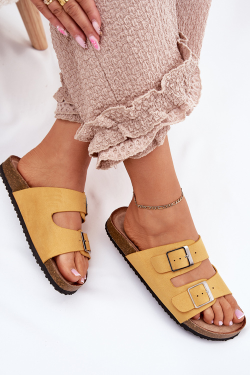 Klapki Damskie Na Korkowej Platformie Klamry Żółte Evisolla