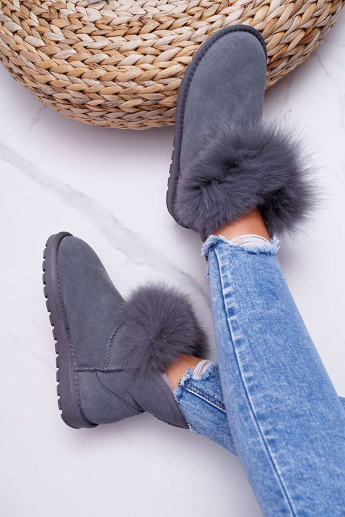 Damskie Botki Śniegowce Ocieplane Futerkiem Skóra Zamsz Szare Memento