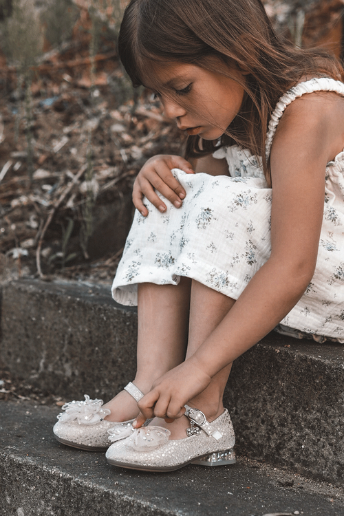 Dziecięce Balerinki Z Kokardą Na Rzep Srebrno-Różowe Nicola