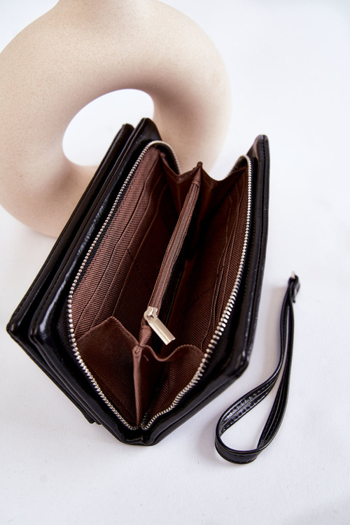 Damski Duży Skórzany Portfel Na Zamek Czarny Shiness