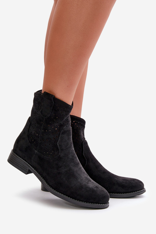 S.Barski HY66-135 Damskie Ażurowe Botki Na Płaskim Obcasie Czarne