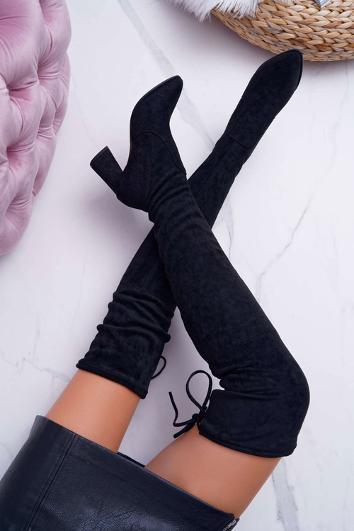 Kozaki Damskie Na Słupku Zamszowe Czarne Bernet