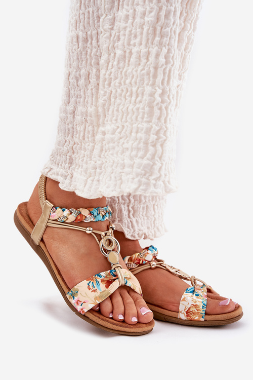 Sandały Damskie Płaskie Z Plecionymi Paskiem I Ozdobą Artiker 56C1316 Złote