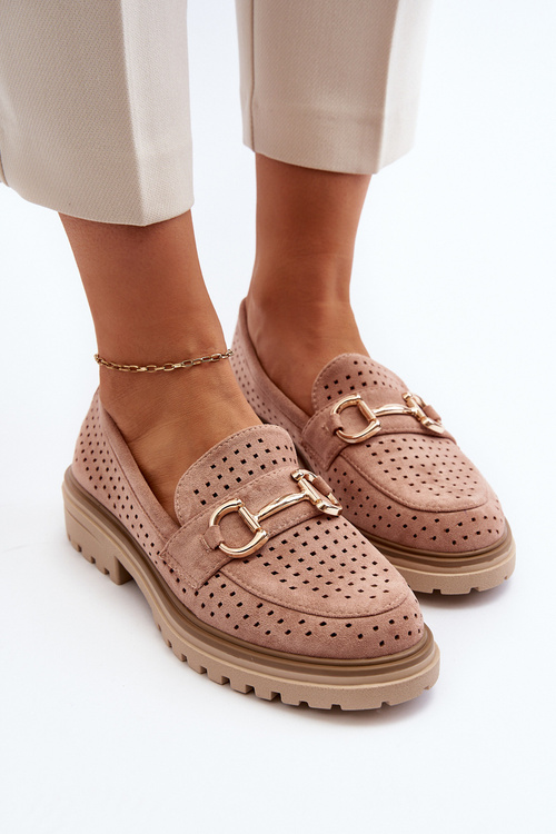 Mokasyny Damskie Ażurowe Z Ozdobą Różowe Talesse