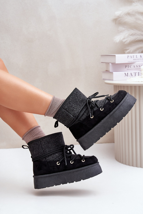 Śniegowce Z Wiązaniem Na Platformie Czarne Mavora