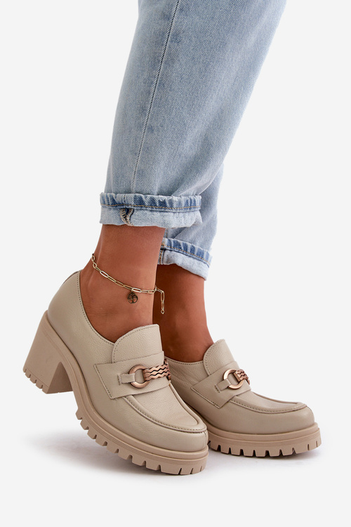 Zazoo 20175 Półbuty Damskie Na Słupku Skóra Naturalna Jasnobeżowe