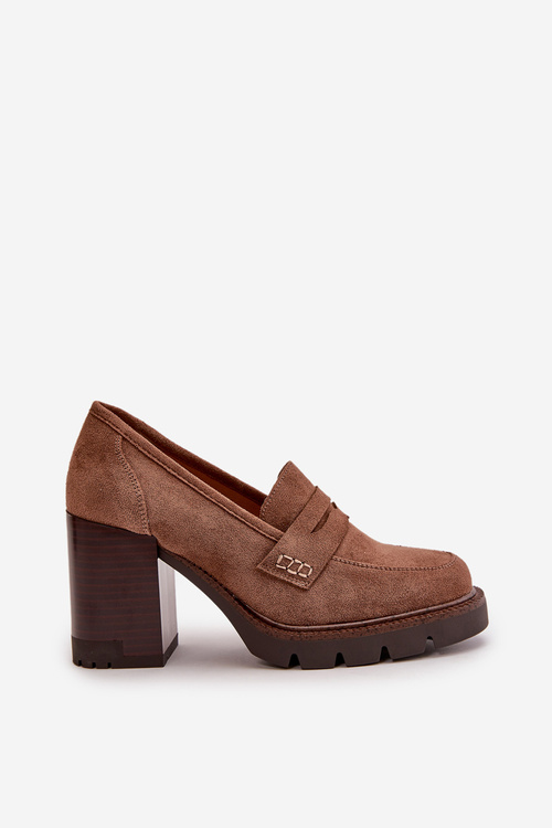 Półbuty Damskie Na Obcasie Słupku Z Eko Zamszu Brązowe Vinceza 58105