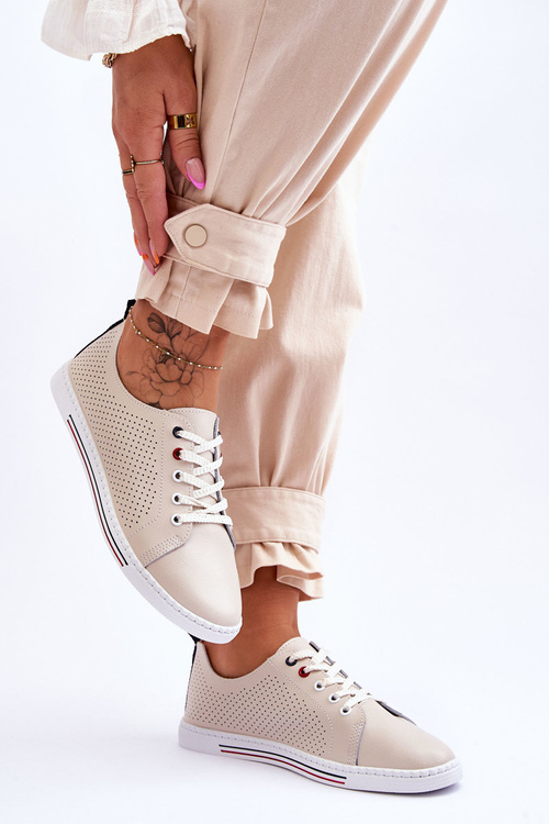 Damskie Ażurowe Skórzane Trampki Beżowe S.Barski LR952