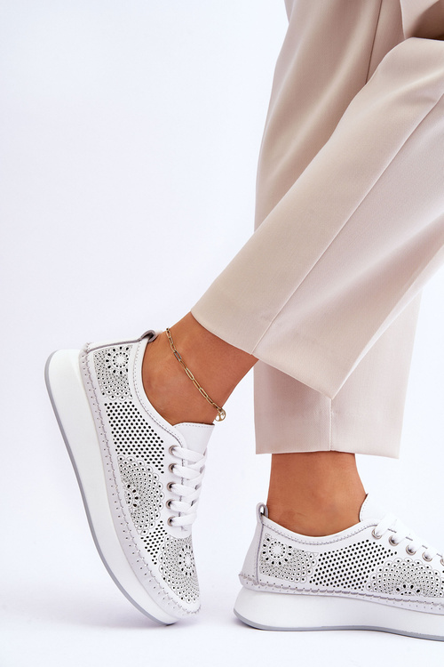 Damskie Skórzane Ażurowe Buty Sportowe Białe Marea