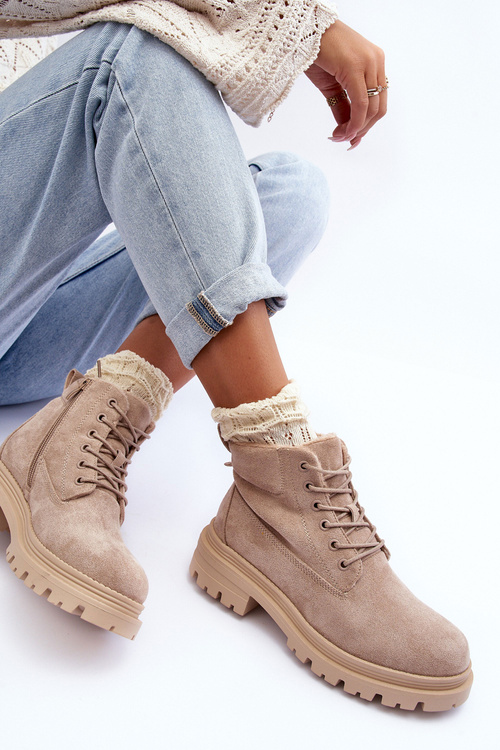 Zamszowe Trapery Botki Ocieplane Beżowe Alden