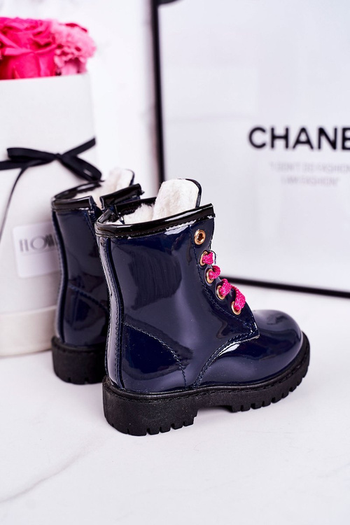 Dziecięce Botki Ocieplone Futerkiem Lakierowane Granatowe Pinkie
