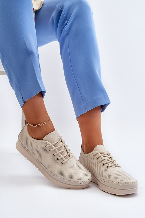 Skórzane Sportowe Buty Trampki Damskie Beżowe Lalnai