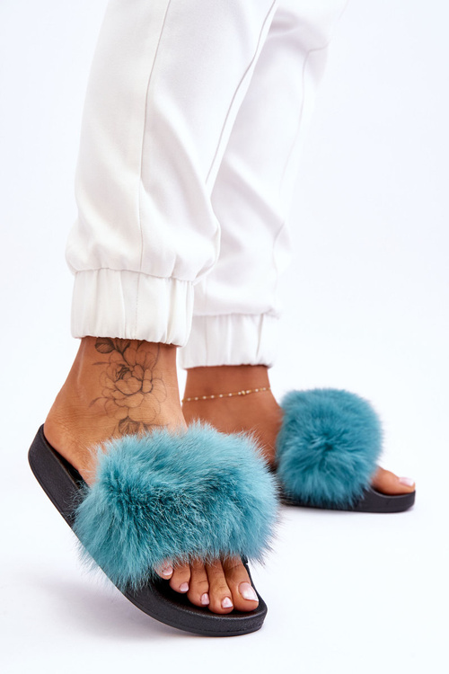 Damskie Gumowe Klapki Z Futerkiem Turkusowe Lucrece
