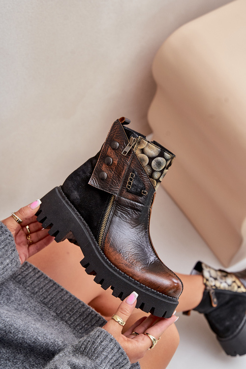 Skórzane Ocieplane Botki Na Platformie I Płaskim Obcasie Maciejka 06140-25 Złoto-Czarne