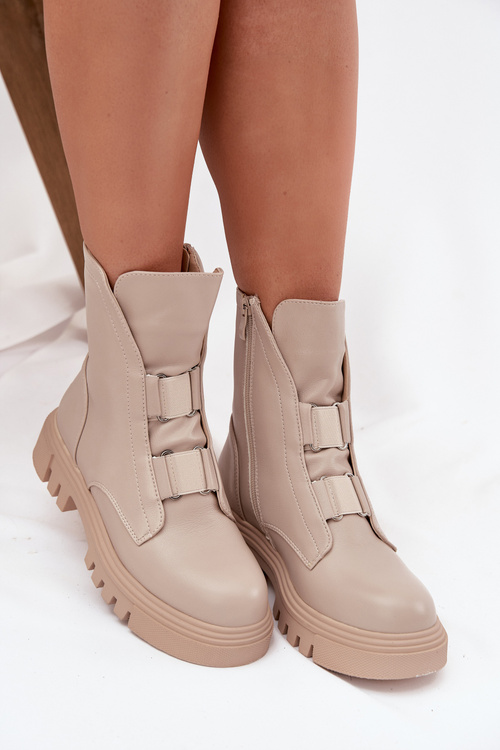 Ocieplane Botki Workery Damskie Na Zamek Eko Skórzane Jasnobeżowe Mailyra