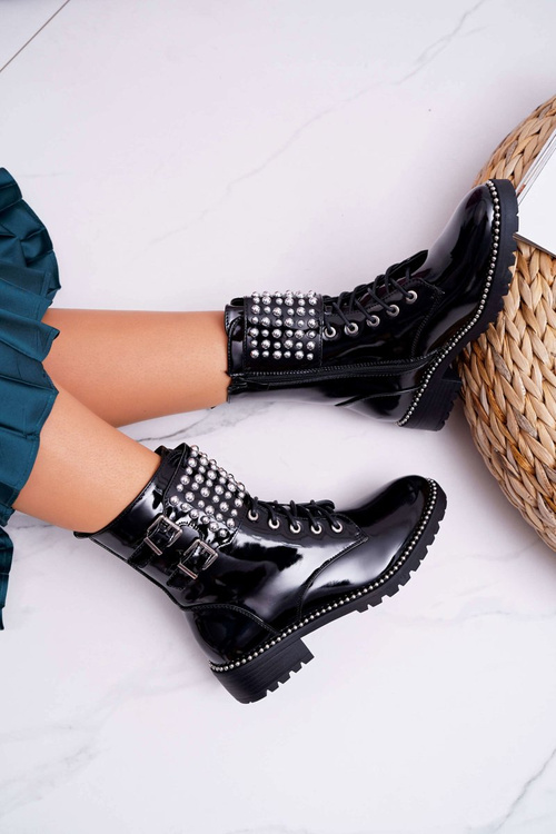 Botki Damskie Płaski Obcas Militarne Lakierowane Czarne Bemmer