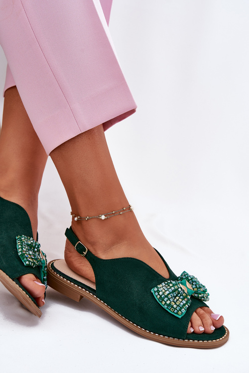 Sandały Damskie Z Kokardą Na Płaskim Obcasie S.Barski KV51-014 Zielone