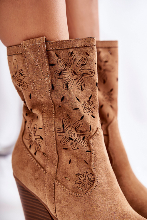 Modne Zamszowe Botki Kowbojki W Kwiaty Camel Coralie