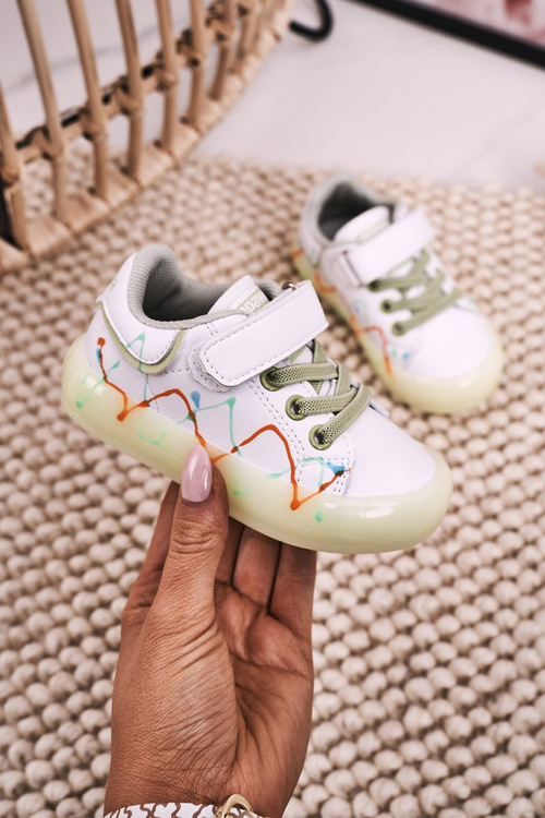 Dziecięce Sportowe Buty Ze Świecącą Podeszwą LED Biało-Zielone Disco