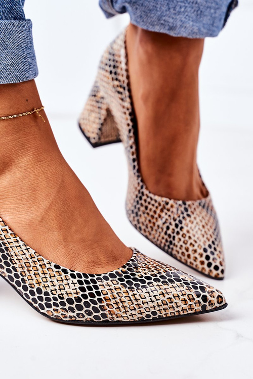 Skórzane Czółenka Ze Zwierzęcym Wzorem Lewski Shoes 2801 Czarno-Beżowe